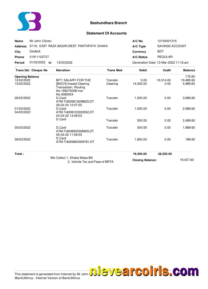 Bangladesh SB bank statement